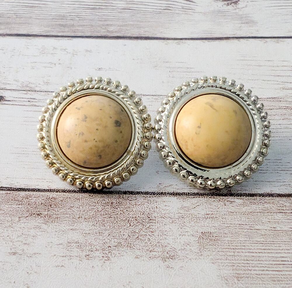 Vintage Earrings for Pierced Ears Beige Center Gold Tone Halo